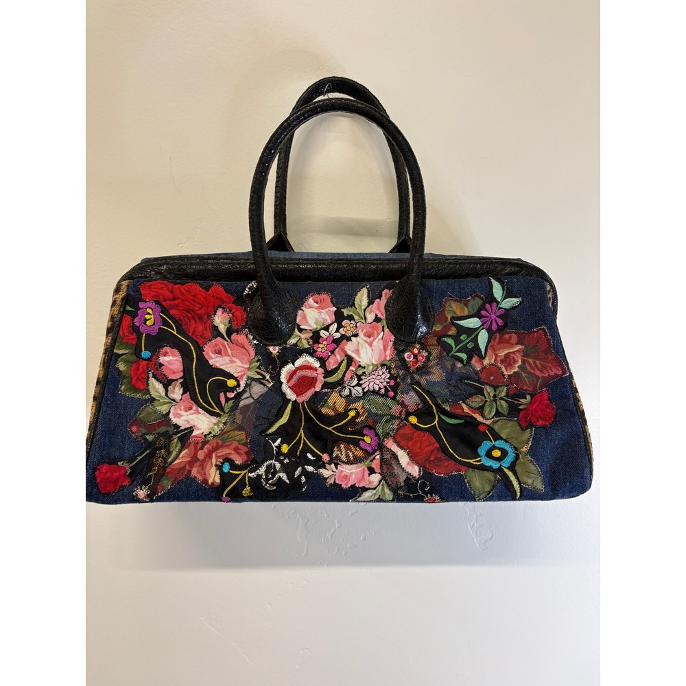 Clever Carriage Company Floral Denim Satchel Bag Vintage Y2K Boho Leopard Lining
